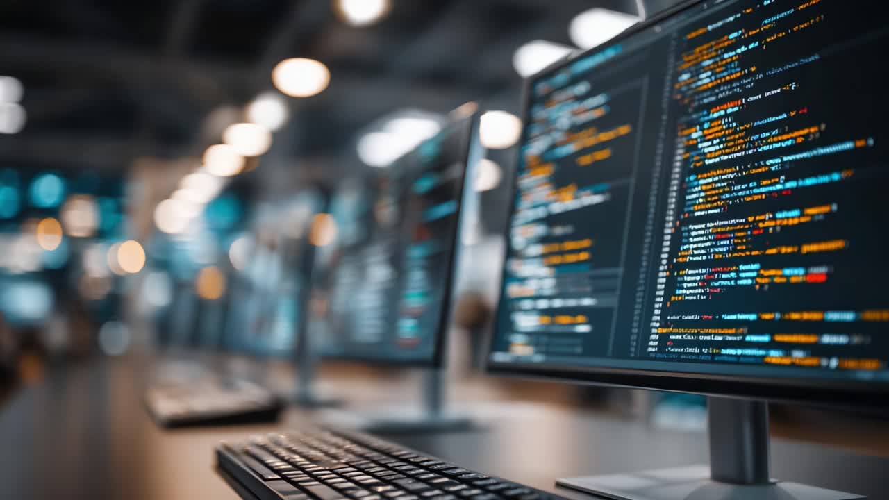 A Glimpse into the World of Programming: Multiple Computer Screens Displaying Vibrant Lines of Code in a Modern Tech Workspace Setting