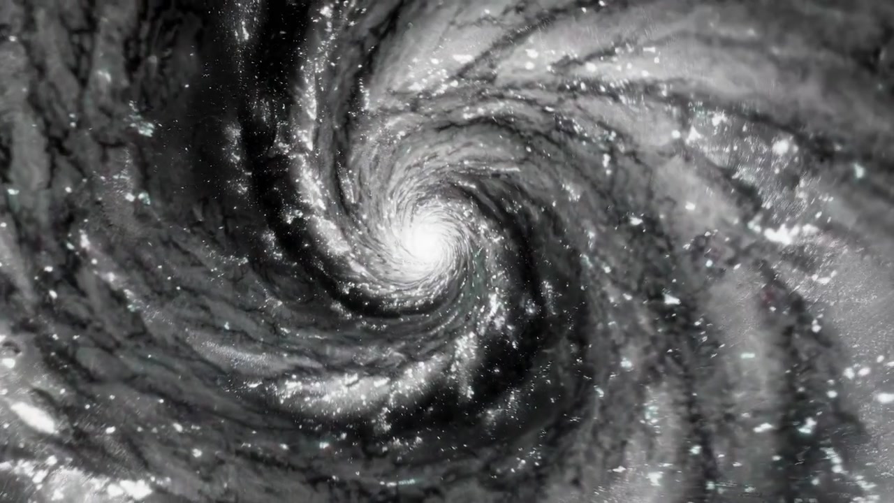 Kosmisk spiralhvirvel med funklende stjerner i sort og hvid