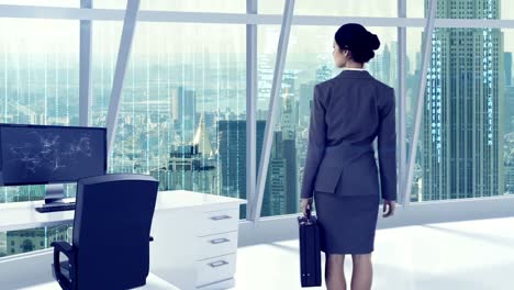 businesswoman in office with futuristic city background