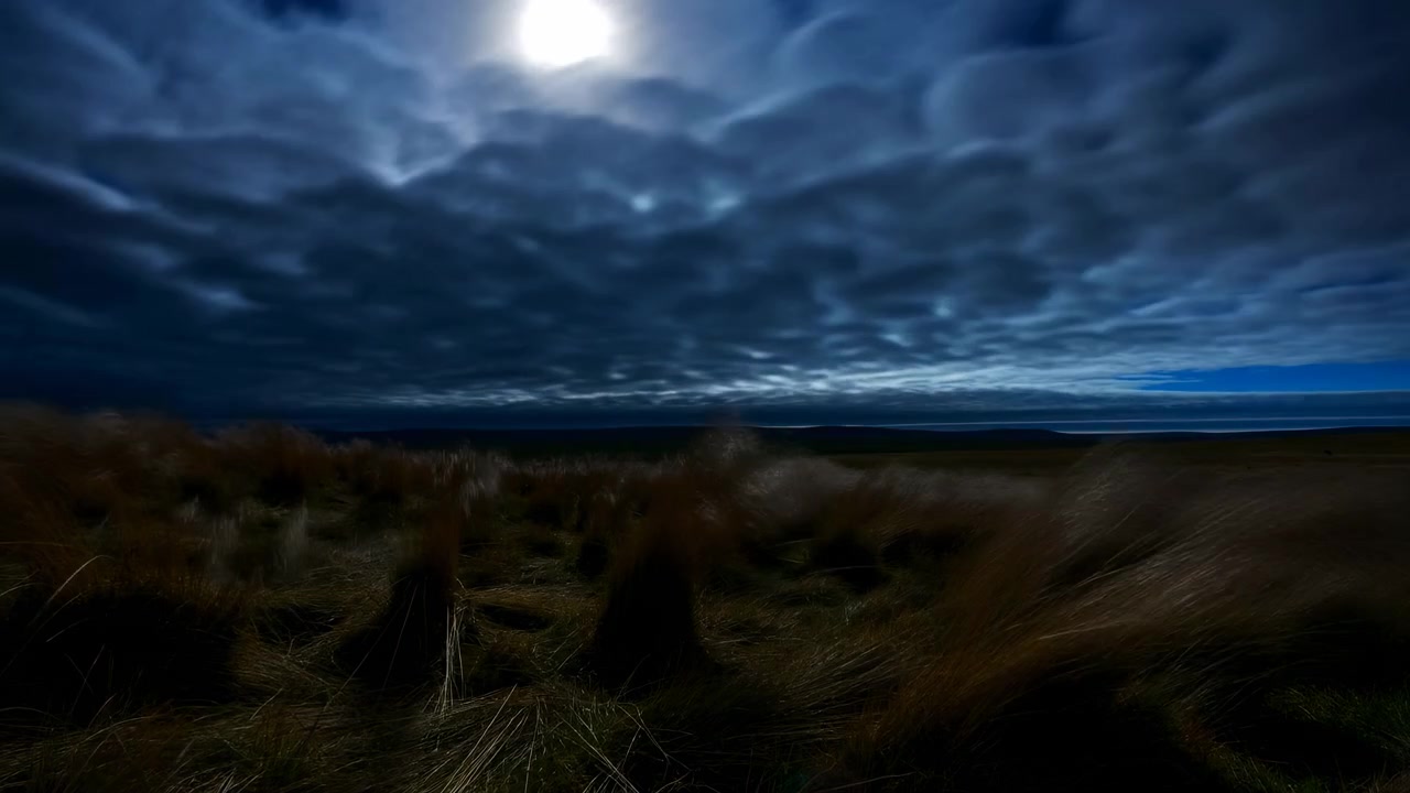 Dark ocean horizon under a cloudy moonlit night sky with calm water and a moody, distant seascape atmosphere
