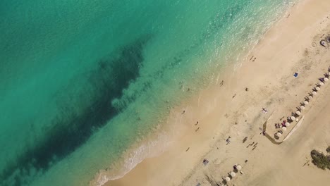 aerial-top-down-tropical-sandy-beach-in-ocean-Atlantic-with-people-sunbathing-during-a-sunny-day