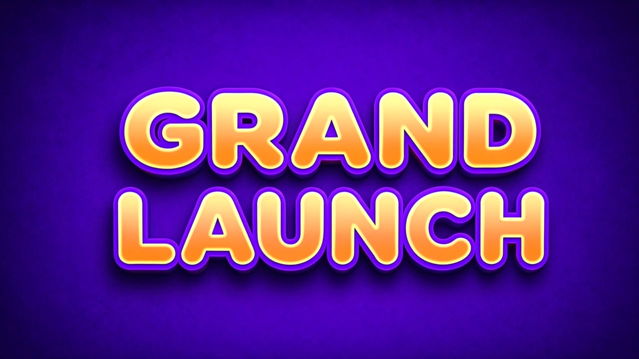 Grand Launch golden three dimensional title featured on luxurious purple background with depth
