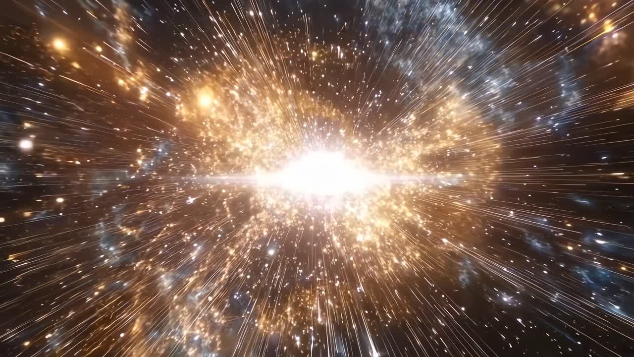 A cosmic explosion captured from a central camera angle, showcasing a dynamic, star-filled universe