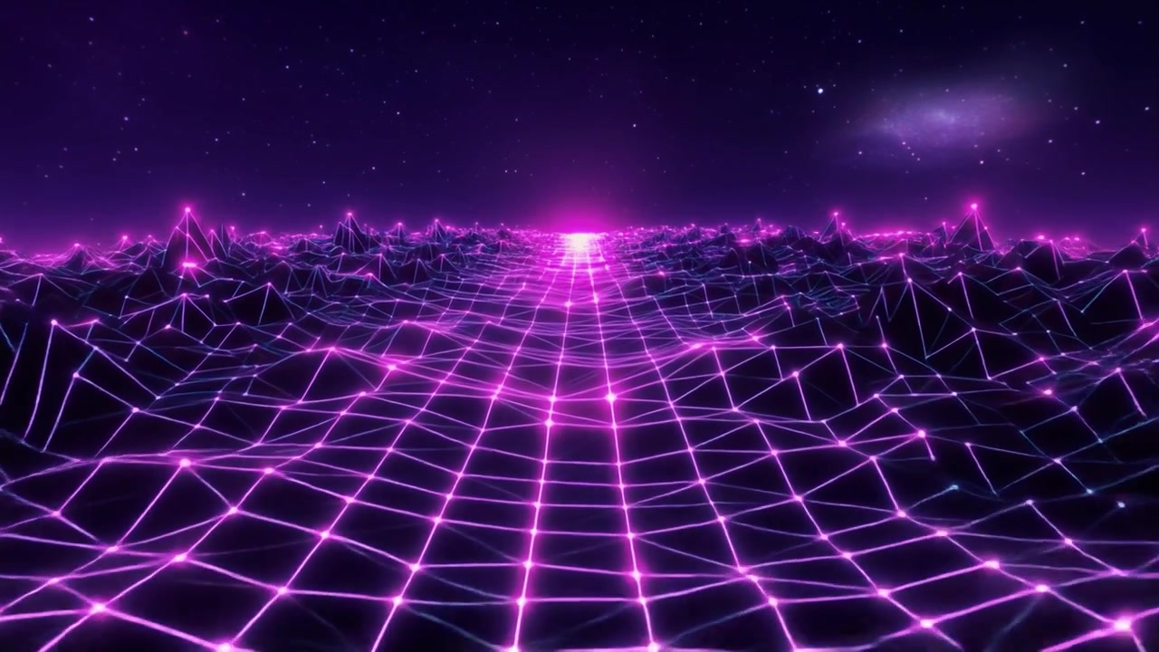 Paesaggio digitale in stile retro synthwave con griglia viola luminosa