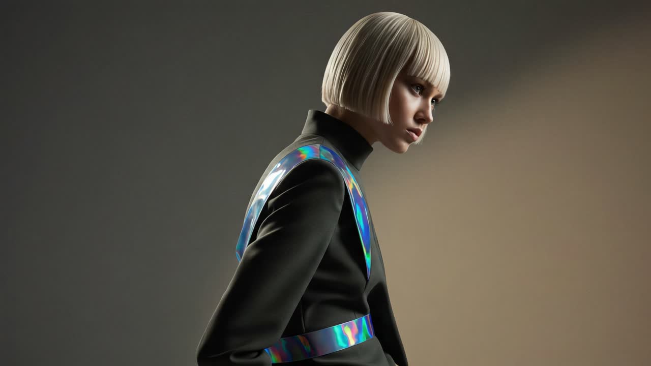 Stylish Portrait of a Model with a Modern Aesthetic, Featuring a Sleek Bob Haircut and an Iridescent Fashion Design, Capturing a Unique Blend of Contemporary Art and Style