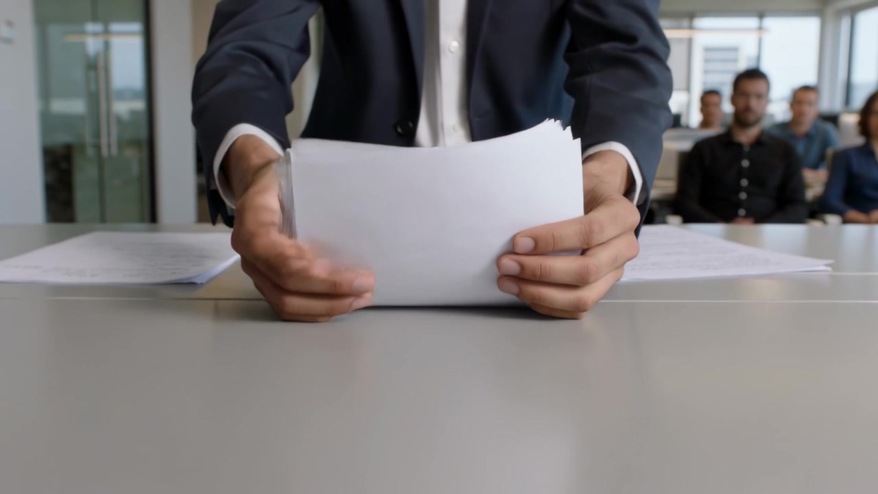 Posizionando documenti, uomo in abito e camicia bianca che impila fogli su un tavolo da riunione preparandosi a presentare