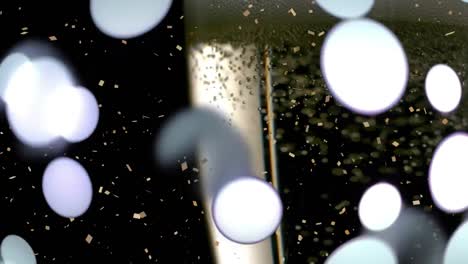 Animation-of-champagne-glasses-with-bubbles,-confetti-and-lens-flares-falling-over-black-background