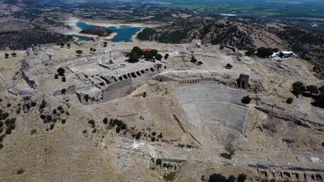 ruins of ancient pergamon amphitheater, aerial view on acropolis, turkey