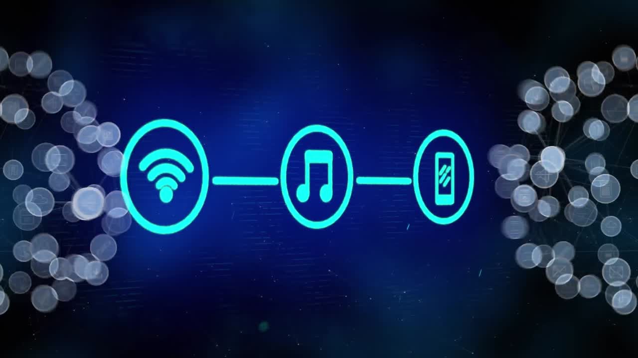 animação de ícones e rede de conexões sobre fundo escuro