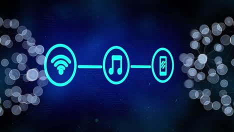 animación de iconos y red de conexiones sobre fondo oscuro
