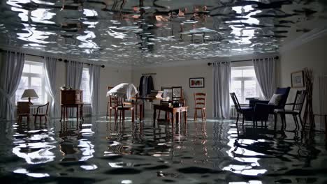 aguas inundadas sumergiendo muebles de comedor, creando un reflejo inquietante en las superficies interiores cubiertas de agua, revelando extensos daños a la propiedad por desastres naturales