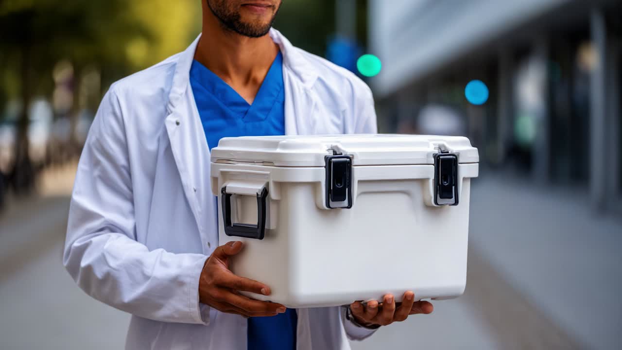 Medical Professional Carrying a Medical Cooler with Vital Supplies on a City Street in Daylight, Displaying the Importance of Healthcare Logistics and Patient Care in Modern Urban Environments