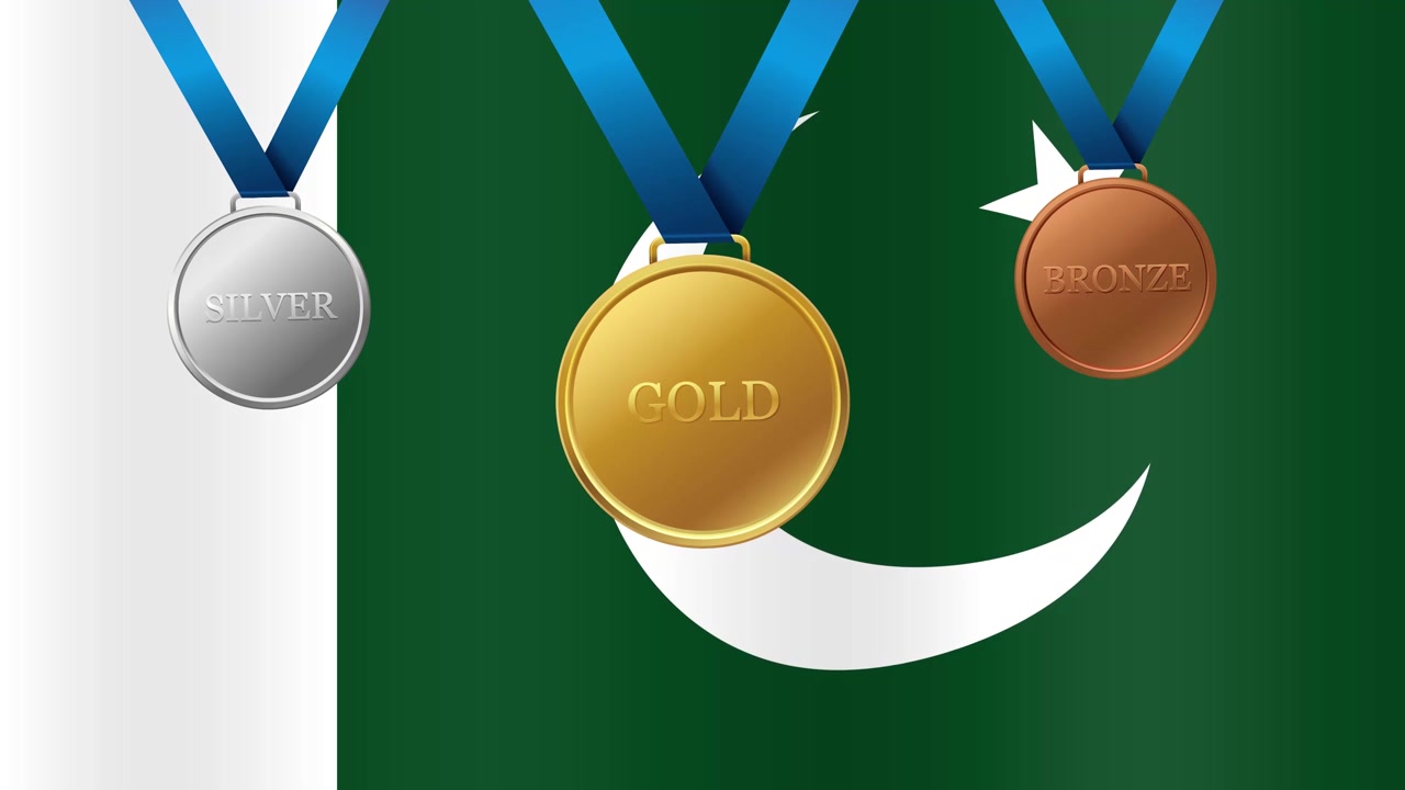 Animoitu Pakistanin lipun tausta, jossa kulta-, hopea- ja pronssiurheilumitalit putoavat kuvaan