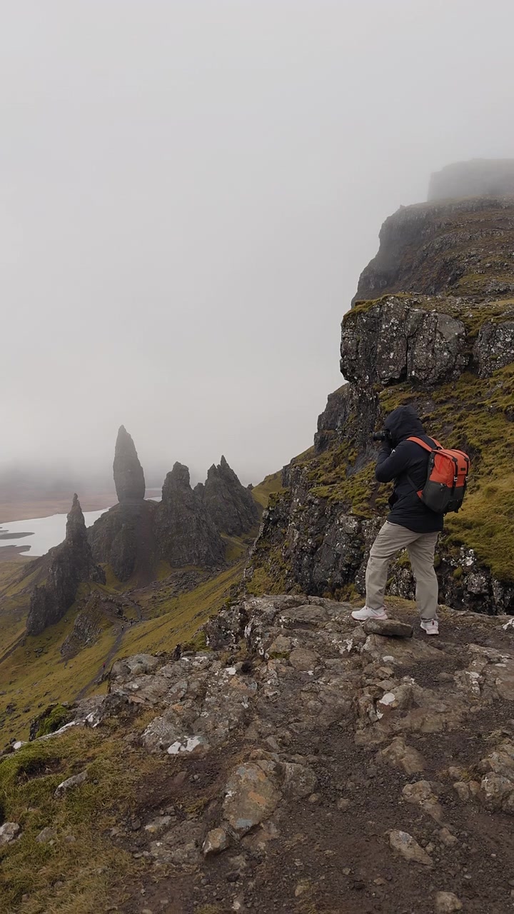 Photographer stands looking toward The Storr rock formations, Isle of Skye. Cloudy moody sky. Camera gear visible. Scottish Highland landscape footage