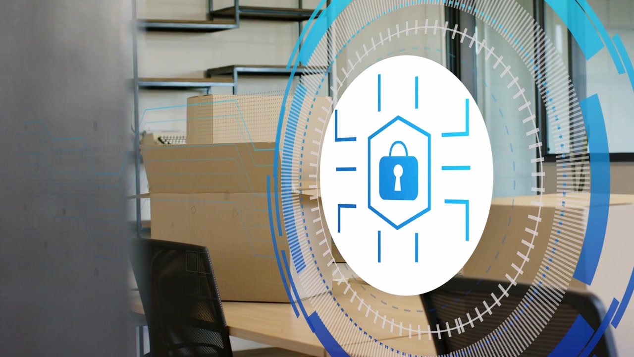 Central security padlock graphic fading in after one second, animating HUD rings securing workspace