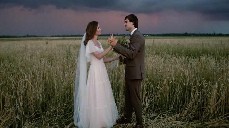 Young couple in love in a fall field