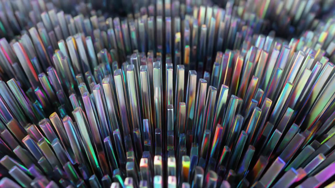 Abstract 3D Animation of Iridescent Glass Pillars Moving in Waves