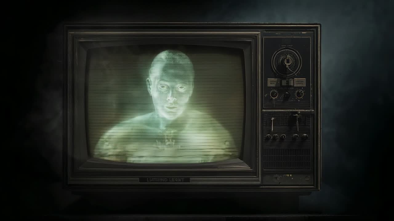 Flickering static revealing green male bust on CRT TV, bust blinking shifting gaze in smoky room