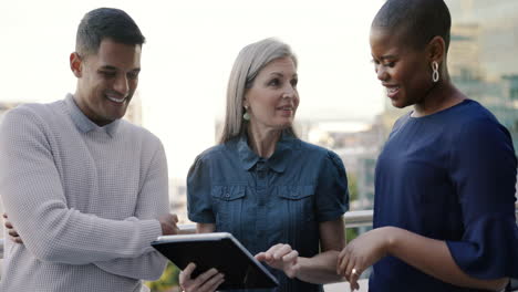 business people, teamwork and tablet in city