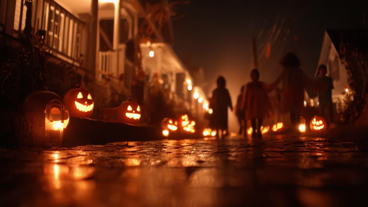 A Spooky Halloween Night: Children Strolling Past Jack-o'-Lanterns Illuminated Along a Darkened Street, Creating an Eerie Yet Magical Atmosphere