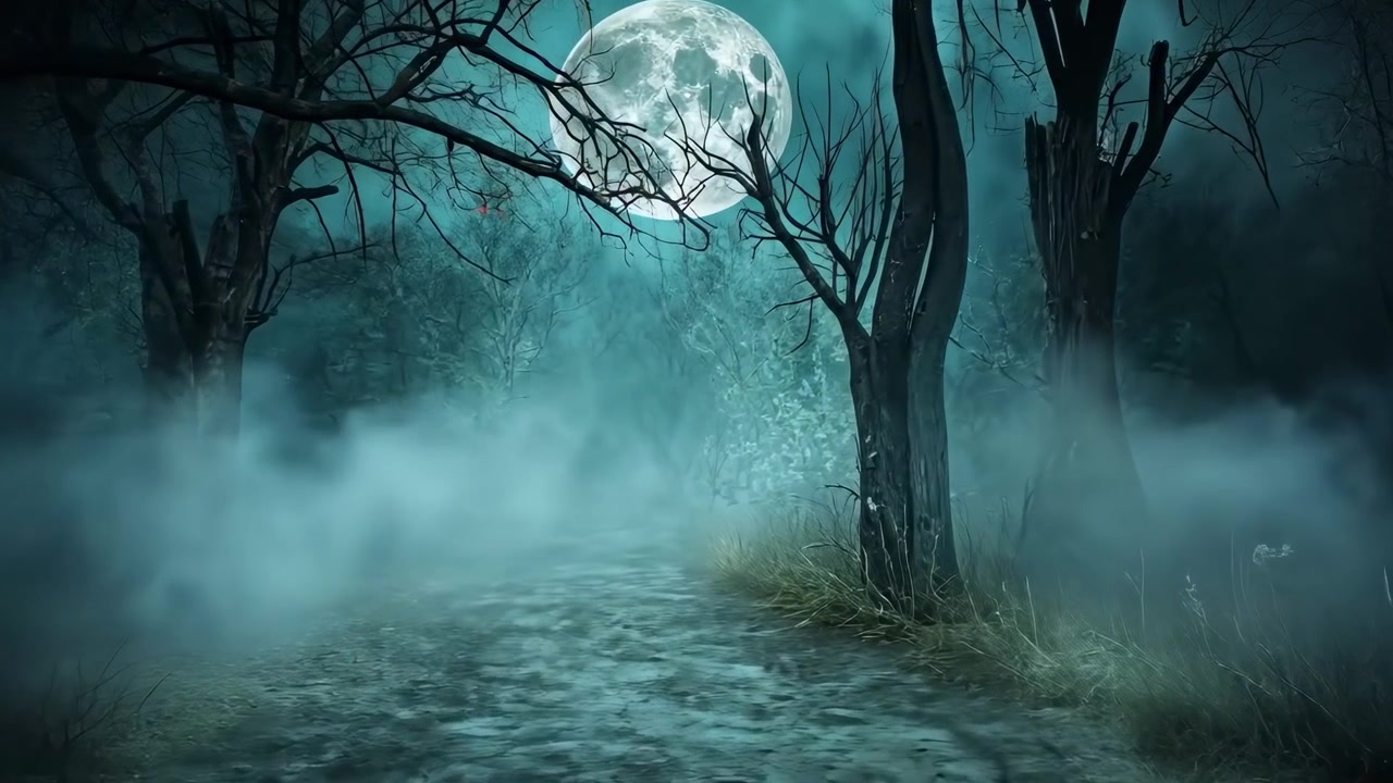 Full Moon Over a Misty Haunted Forest Path at Night