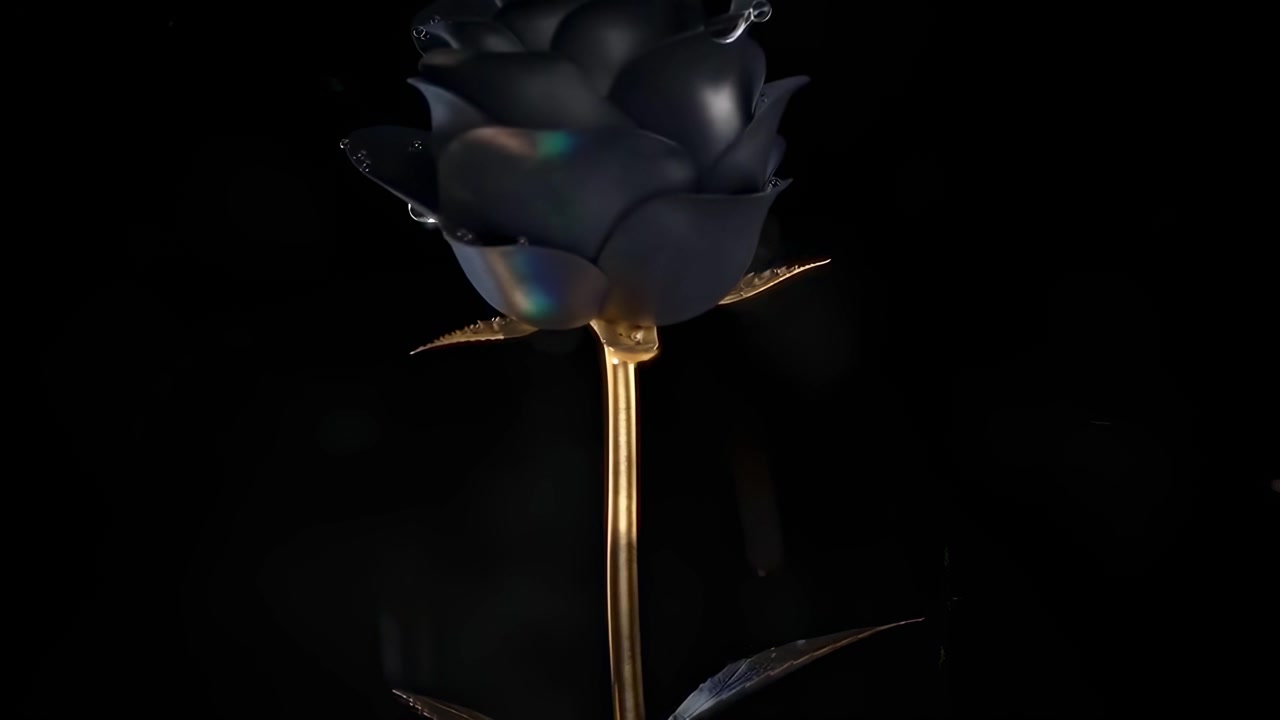 Elegante Rosa Nera con Stelo Dorato su Sfondo Scuro