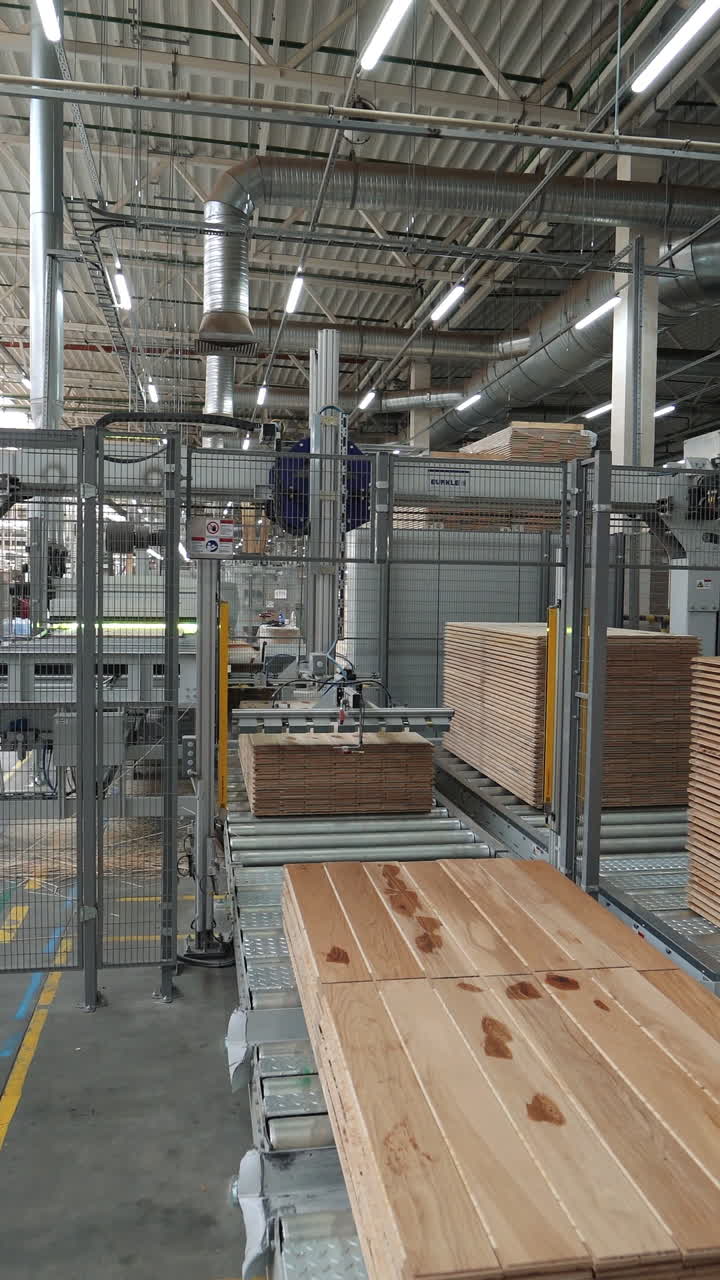 Industrial equipment for the production of parquet. Automation. Industrial interior. Vertical video