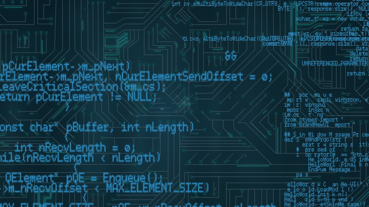 Digital animation of data processing against microprocessor connections on blue background
