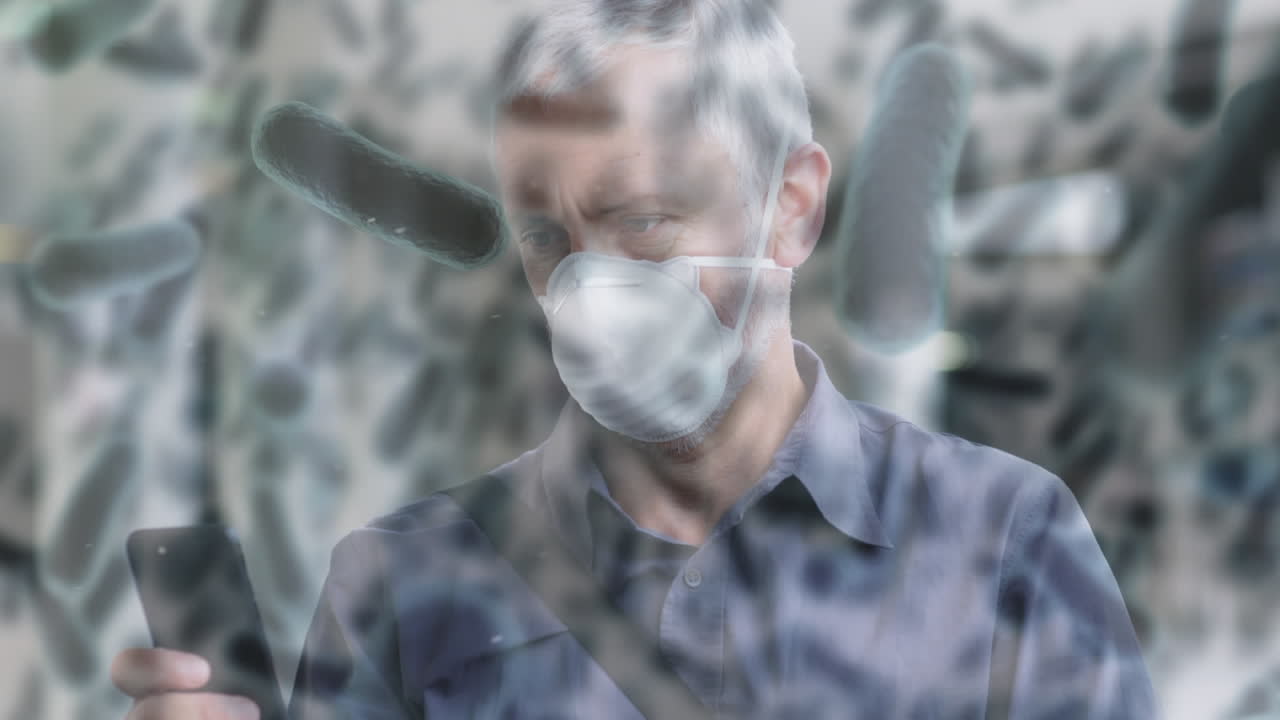 анимация клеток covid-19, движущихся над человеком в маске