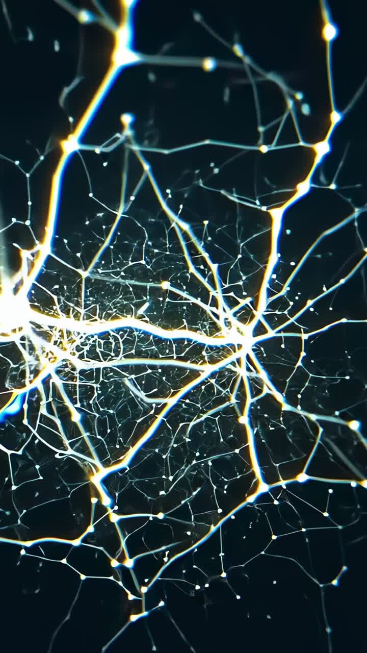Vídeo vertical: câmera em movimento se aproximando de uma rede de filamentos luminosos em um vazio escuro, revelando nós