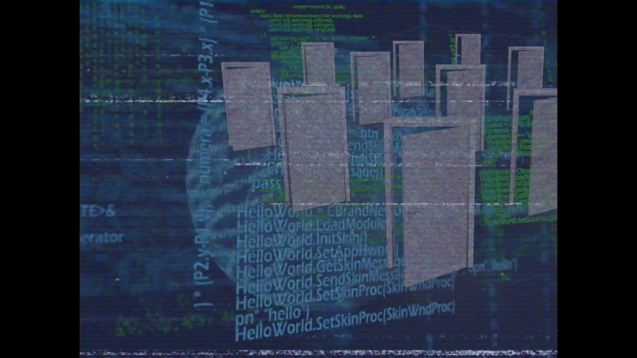 Animation of digital interface and data processing over dark background