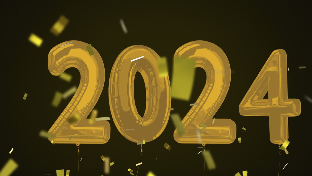 animación de 2024 globos volando y cayendo confeti sobre un fondo negro