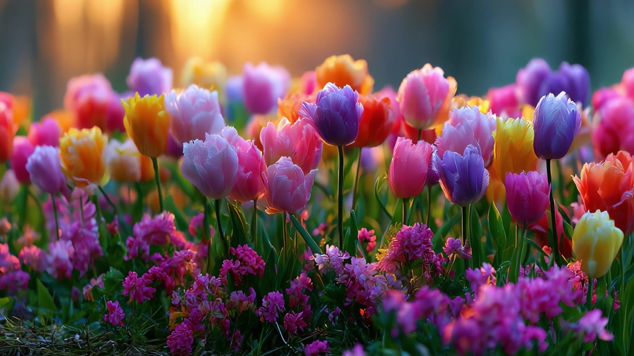 A Vibrant Display of Tulips and Blossoms in Full Bloom Underneath a Golden Sunset, Capturing the Beauty of Nature's Springtime Splendor and Colorful Floral Diversity