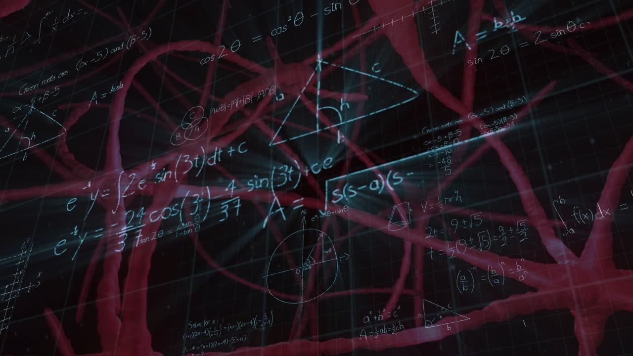Animation of mathematical equations over neurons on black background