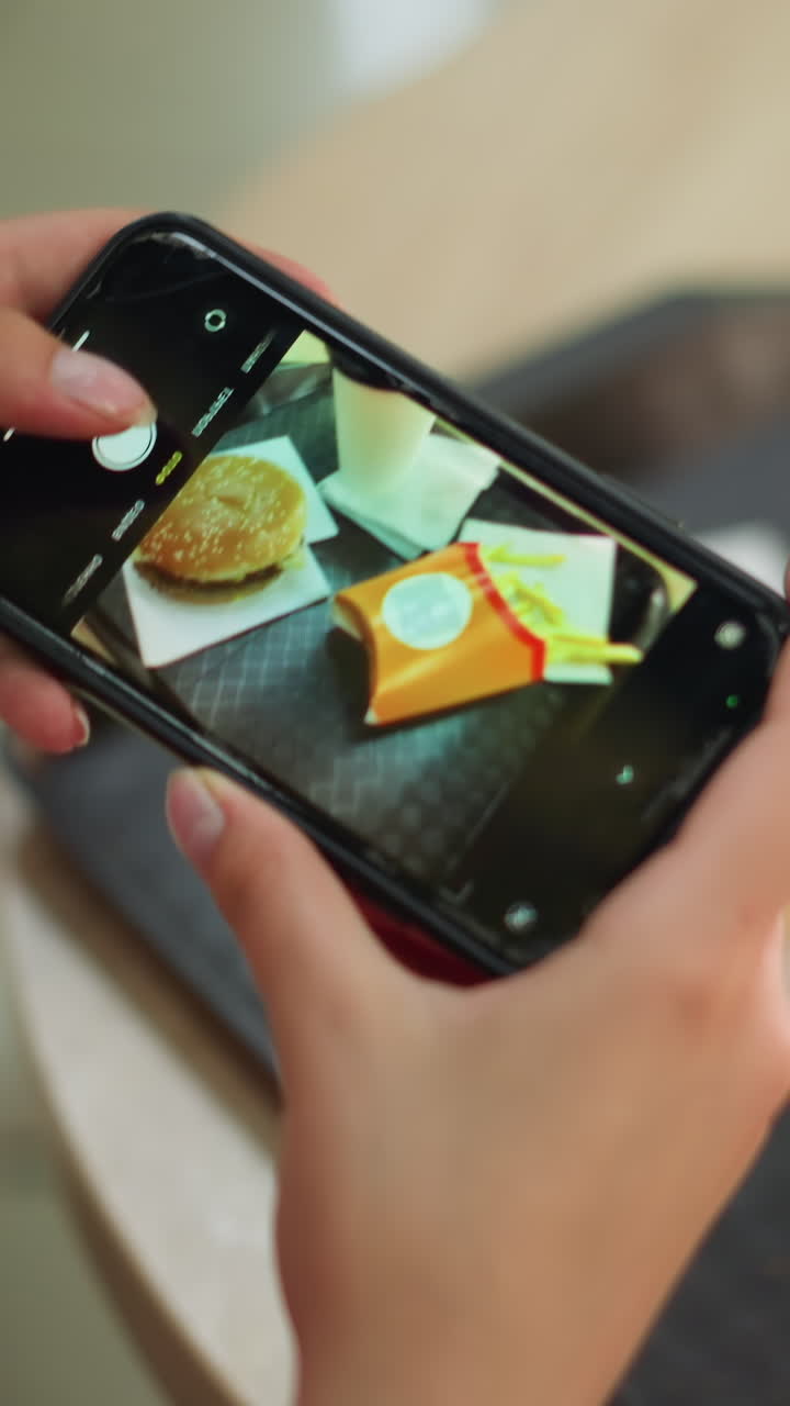 mujer capturando una foto de su comida usando su teléfono inteligente, centrándose en el arreglo de comida de papas fritas, una hamburguesa y una taza de café en una bandeja negra, la imagen se muestra en la pantalla del teléfono