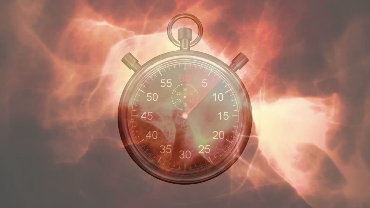 Cronometro che appare su plasma grigio, con i secondi che avanzano mentre una sovrapposizione infuocata mostra il tempo per il design.