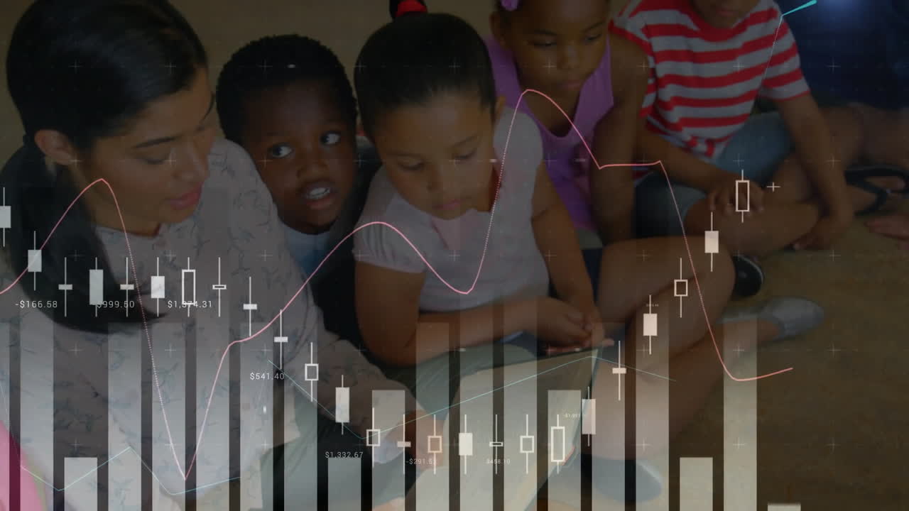 Animation of data processing over diverse schoolchildren in classroom