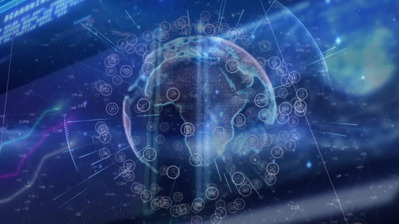 On launch wireframe globe rotating while nodes emerging and pulsing lines illustrating data network