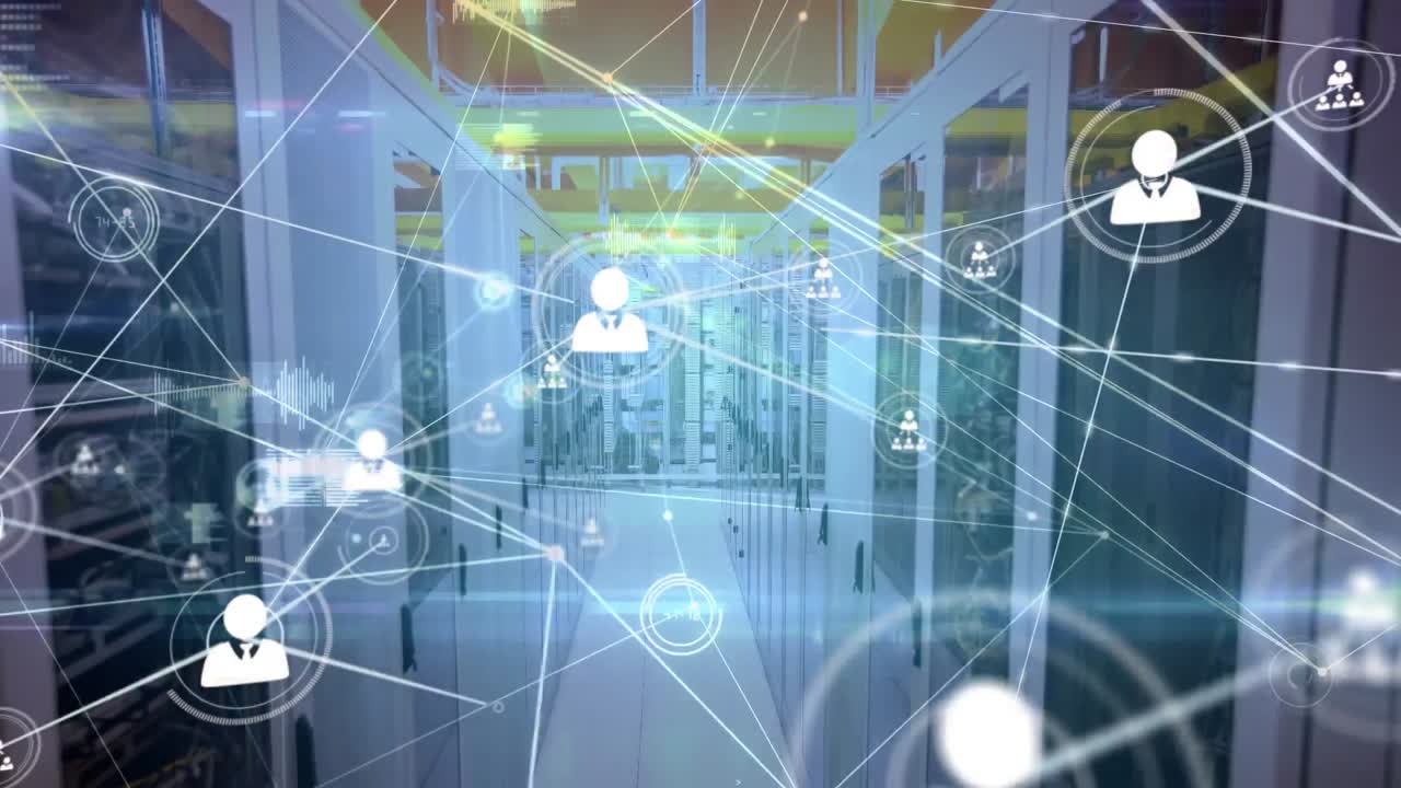 서버  ⁇ 과 데이터 처리에 대한 아이콘으로 연결 네트워크의 애니메이션