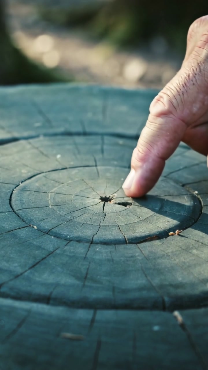 Vertical video: Lowering index finger senior hand tracing stump rings, feeling pith hole, blue cuff