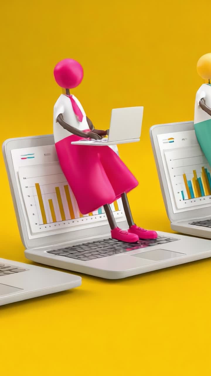 Colorful 3D figures working on laptops, analyzing data and charts, represent teamwork and modern technology in a vibrant, creative business environment