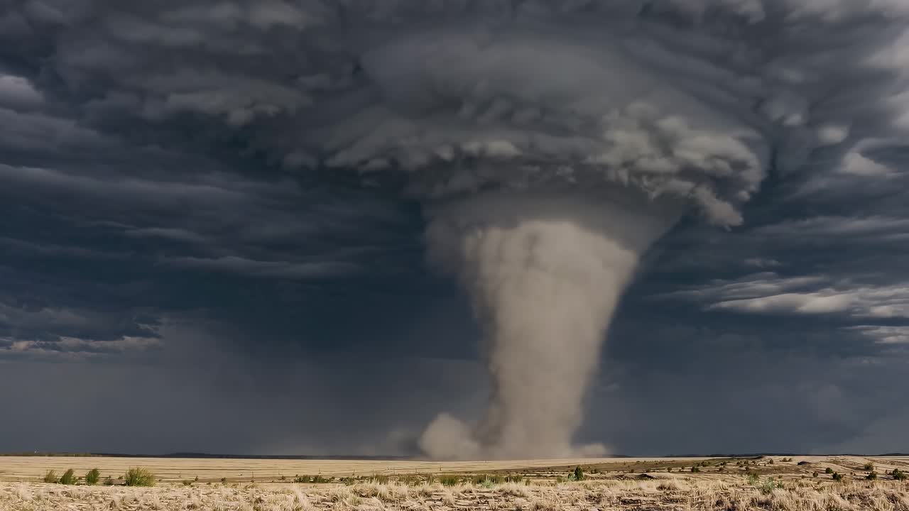 Dramatic wide-angle video capture of a massive tornado under dark, swirling clouds