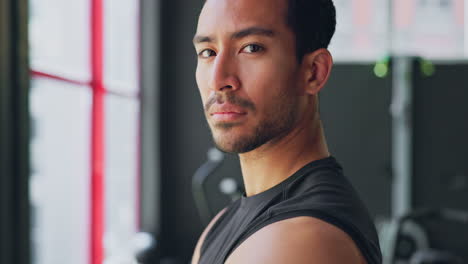 face portrait, fitness and man in gym with serious