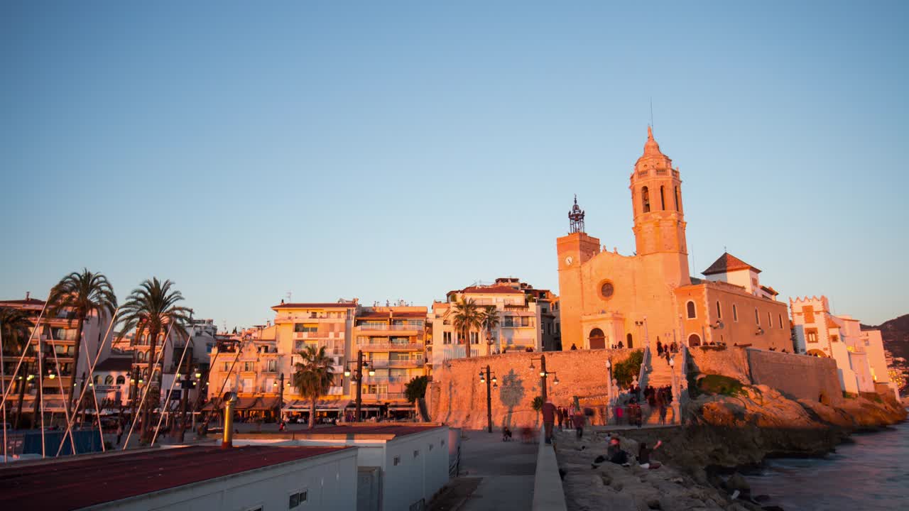 sunset light church of sant bartomeu and santa tecla 4k time lapse sitges spain