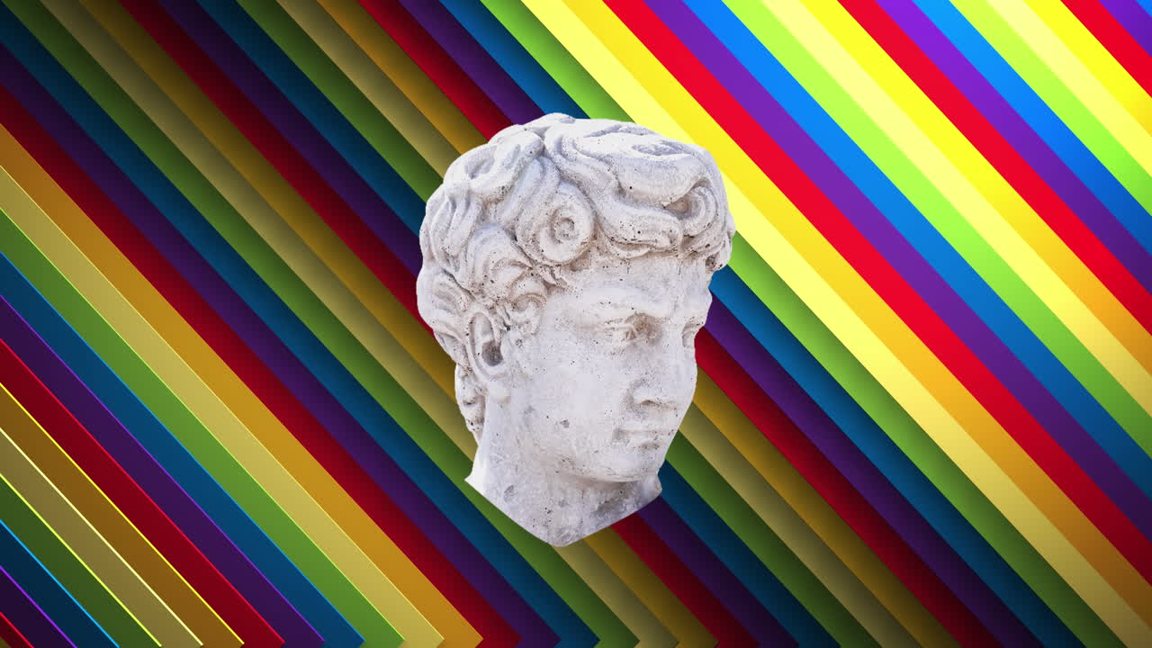 대각선 무지개 줄무 위에 왜곡 된 남성 고전 조각의 부스트의 애니메이션