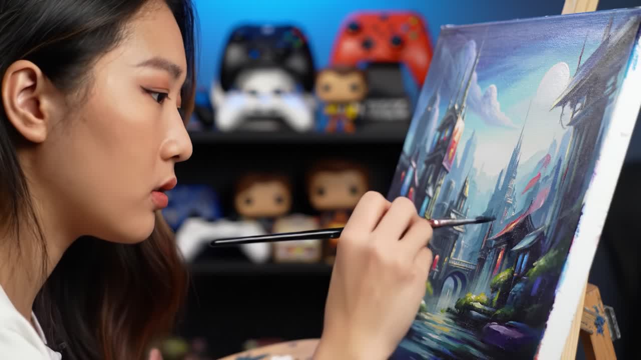 A Young Artist Captivated by Their Creative Process, Diligently Painting a Colorful Fantasy Scene on Canvas with Passion and Precision