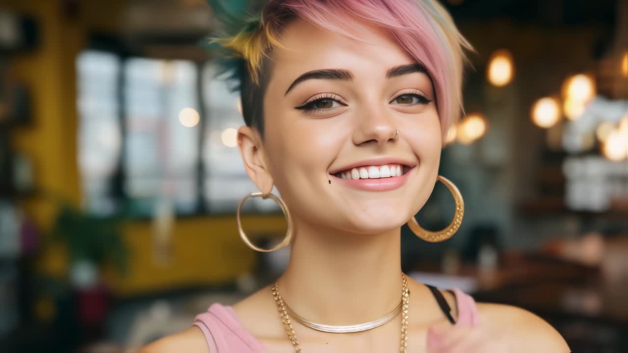 Portrait of a cheerful young woman with a trendy colorful hairstyle, touching her large golden earrings and smiling, showcasing her unique style and confidence