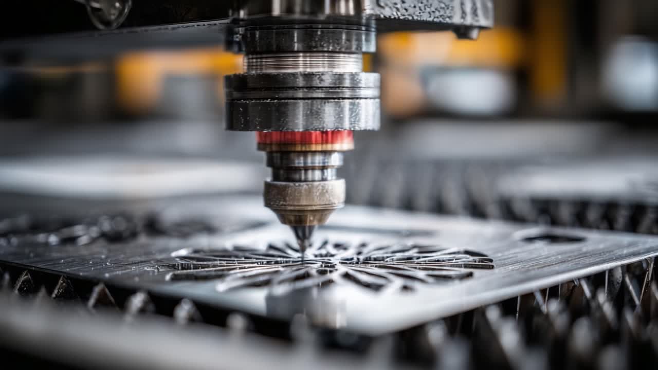 Intricate Laser Cutting Process Captured in High Definition: Precision Engineering in Metal Fabrication, Showcasing Technology's Role in Modern Manufacturing