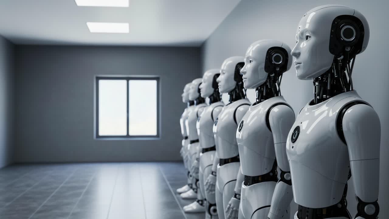 A Row of Advanced Humanoid Robots Standing in a Modern Room with Ambient Lighting and Minimalist Design, Showcasing Futuristic Technology and AI Development
