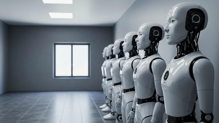 A Row of Advanced Humanoid Robots Standing in a Modern Room with Ambient Lighting and Minimalist Design, Showcasing Futuristic Technology and AI Development
